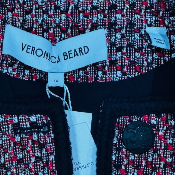 Veronica Beard Ceres Metallic Cotton Blend Tweed Jacket Red Blaze/Navy Multi 16 - Picture 9 of 11